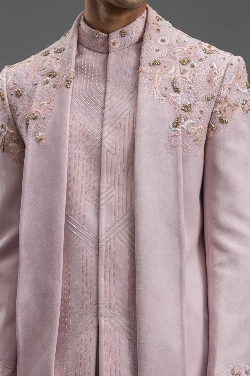 Pastel Mauve Pink Suede Embroidered Indo-Western Sherwani (2-Piece) - Image 2