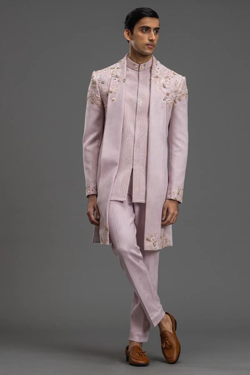 Pastel Mauve Pink Suede Embroidered Indo-Western Sherwani (2-Piece) - Image 3