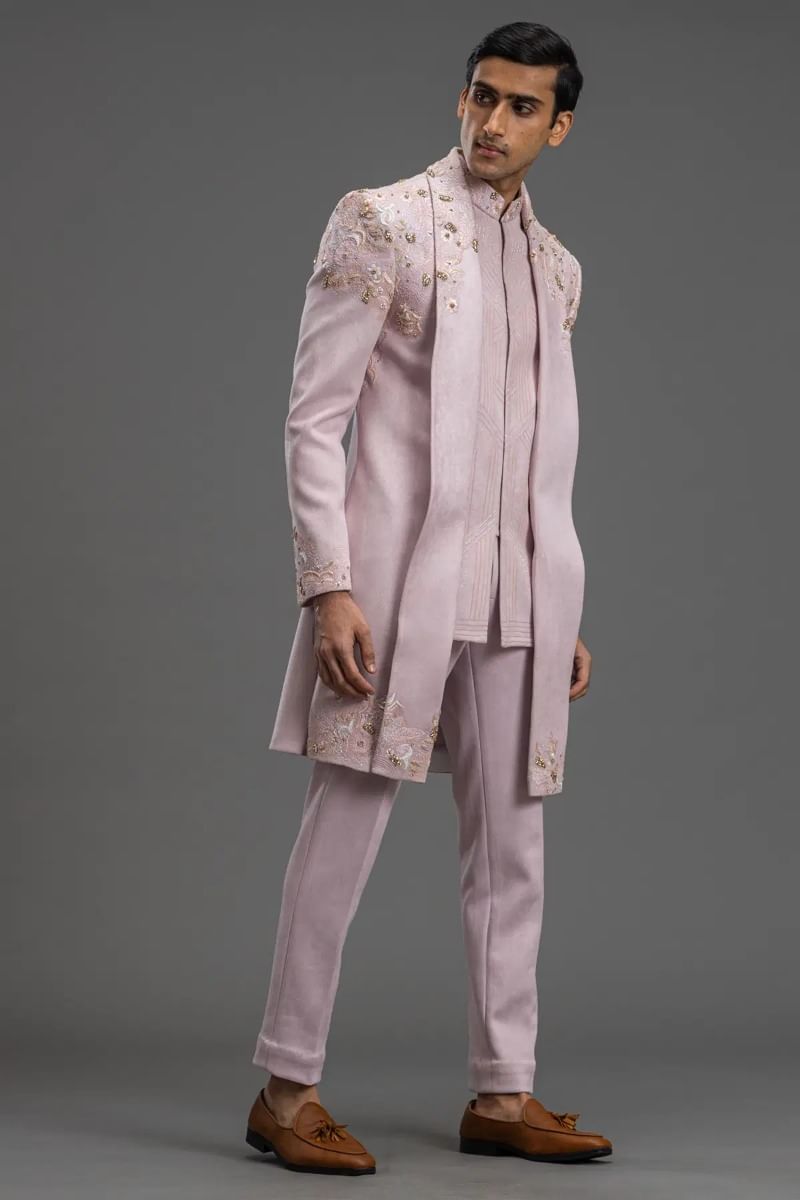 Pastel Mauve Pink Suede Embroidered Indo-Western Sherwani (2-Piece) - Image 4