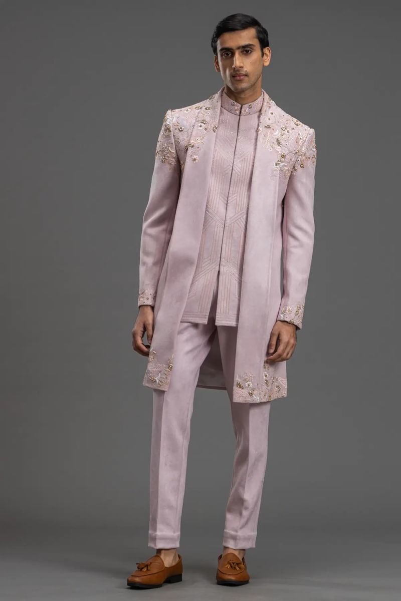 Pastel Mauve Pink Suede Embroidered Indo-Western Sherwani (2-Piece) - Image 5