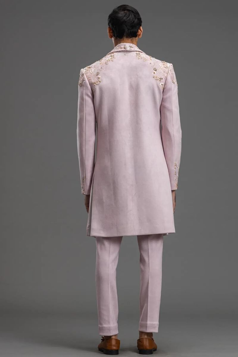 Pastel Mauve Pink Suede Embroidered Indo-Western Sherwani (2-Piece) - Image 6