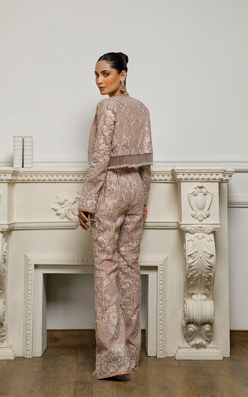 Pakistani Dusty Rose Embroidered Chiffon Jacket Set (3-Piece) - Image 2