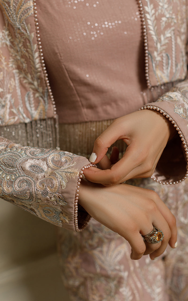 Pakistani Dusty Rose Embroidered Chiffon Jacket Set (3-Piece) - Image 3