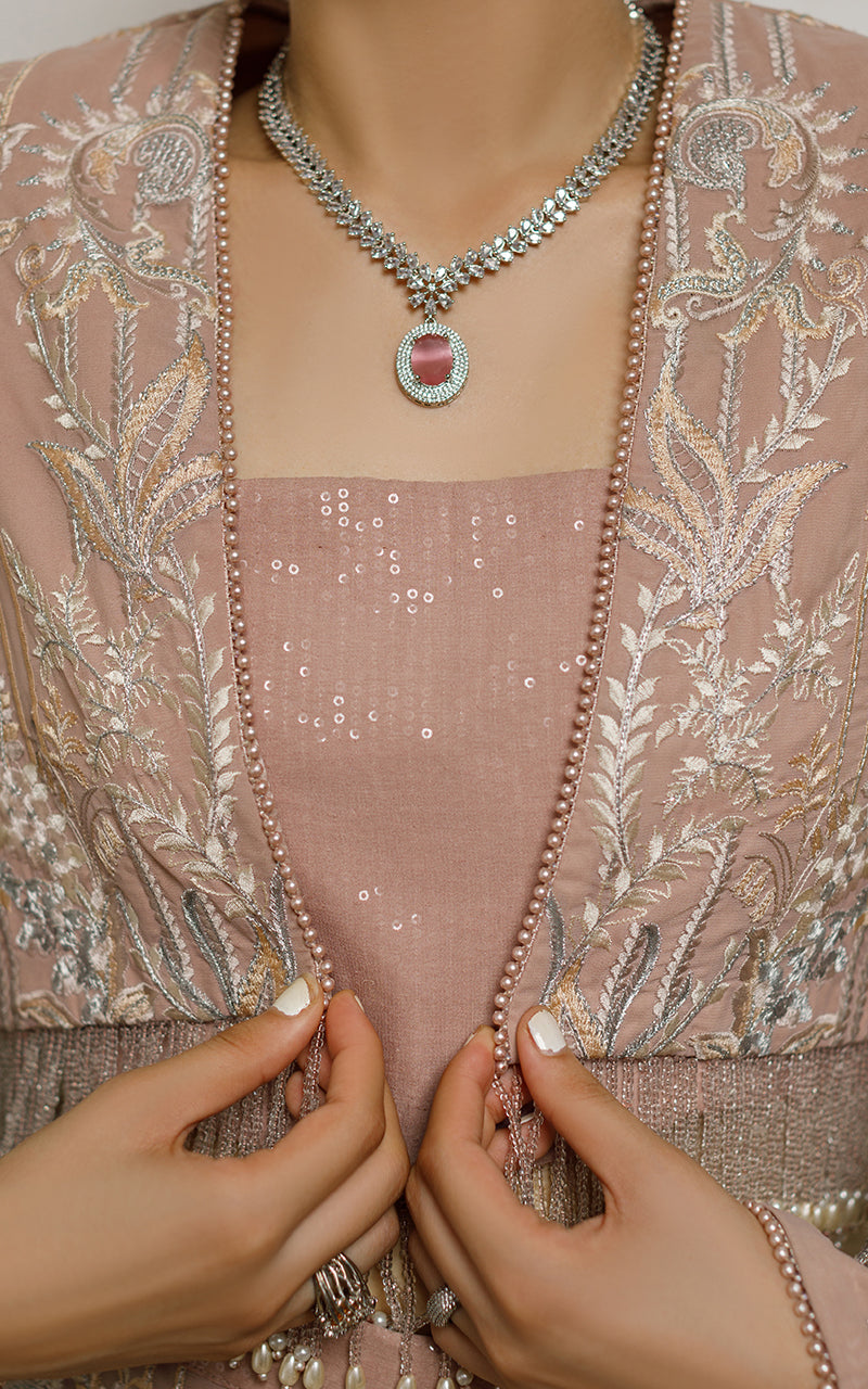 Pakistani Dusty Rose Embroidered Chiffon Jacket Set (3-Piece) - Image 4