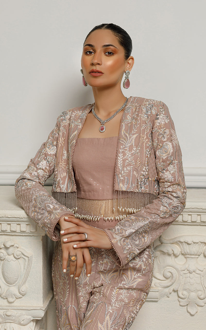 Pakistani Dusty Rose Embroidered Chiffon Jacket Set (3-Piece) - Image 5