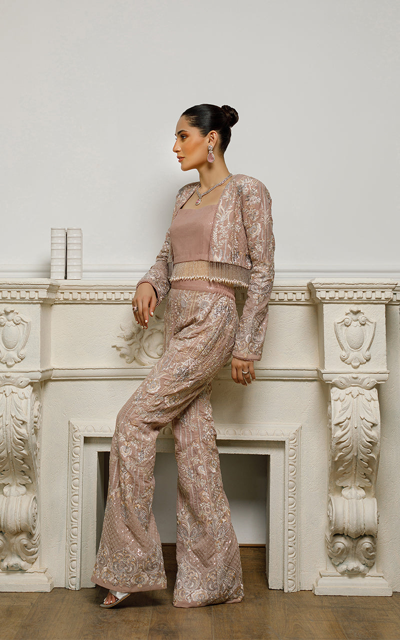 Pakistani Dusty Rose Embroidered Chiffon Jacket Set (3-Piece) - Image 6