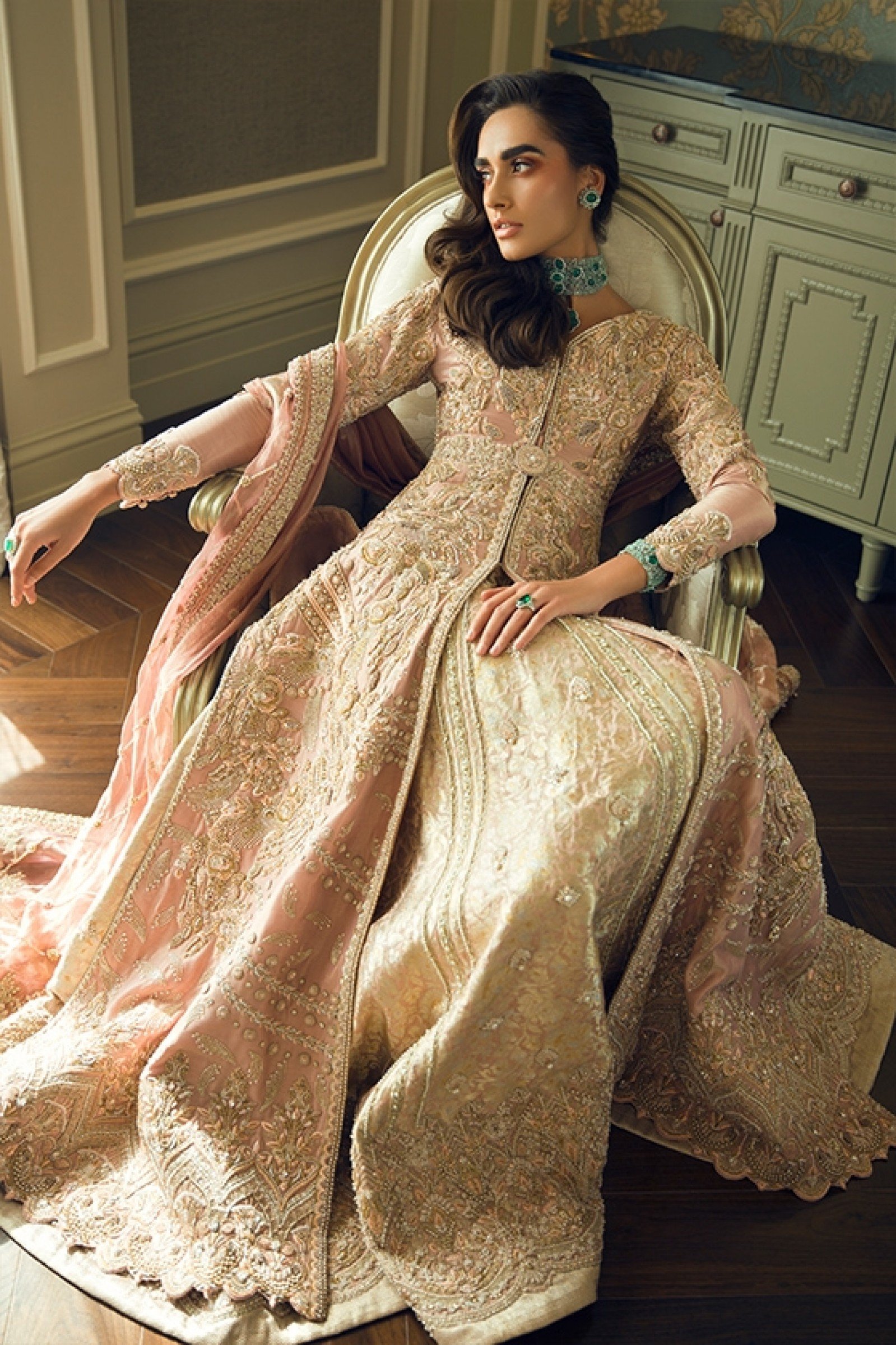 Blush Gold Embroidered French Lamé Jacket Set (3-Piece) - Image 1