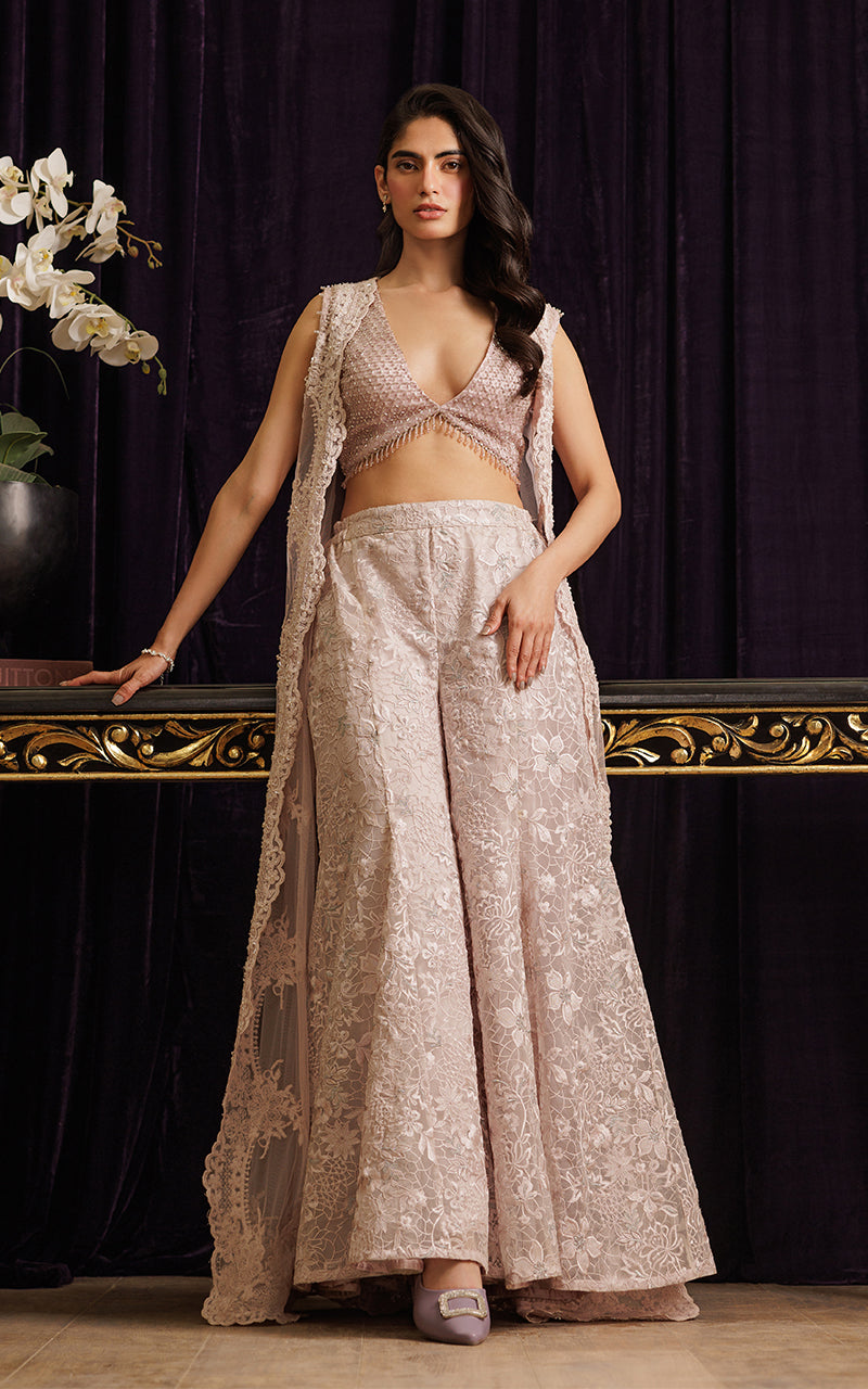 Blush Pink Embroidered Net Jacket 3-Piece - Image 1