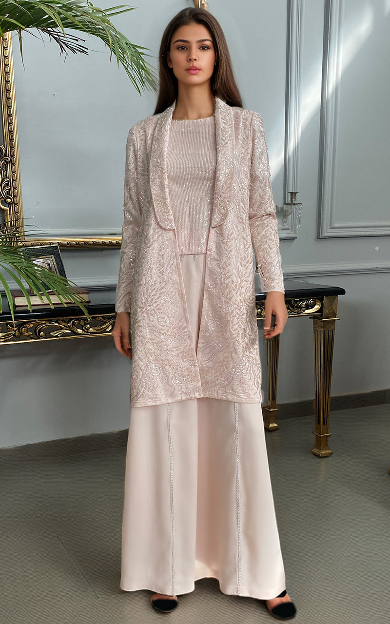 Blush Pink Embroidered Net Jacket 3-Piece - Image 1