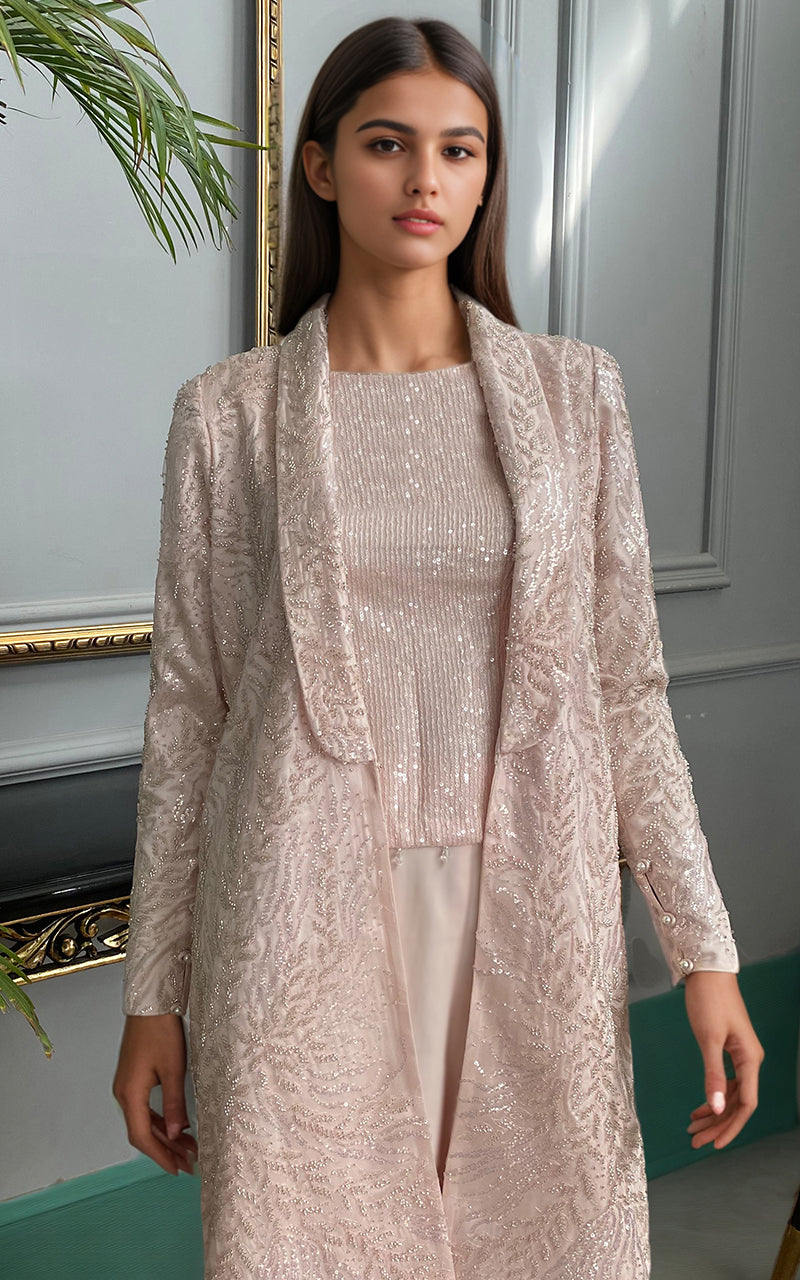 Blush Pink Embroidered Net Jacket 3-Piece - Image 2