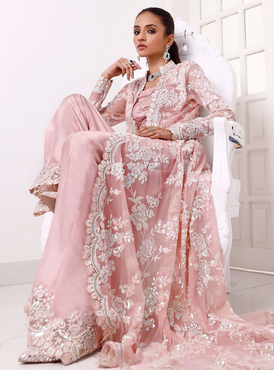 Pakistani Blush Pink Embroidered Net & Silk Jacket Set (3-Piece) - Image 2