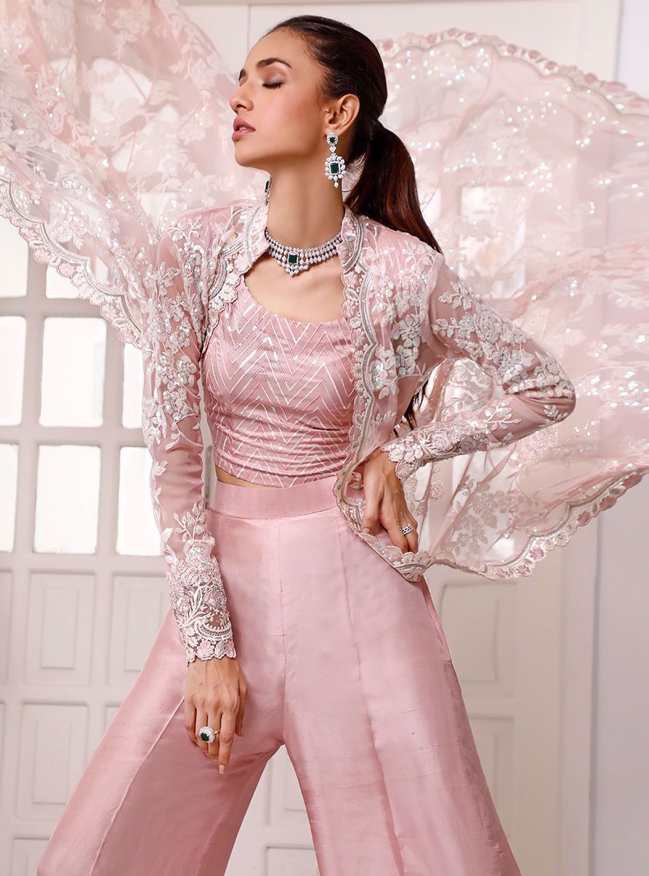 Pakistani Blush Pink Embroidered Net & Silk Jacket Set (3-Piece) - Image 3