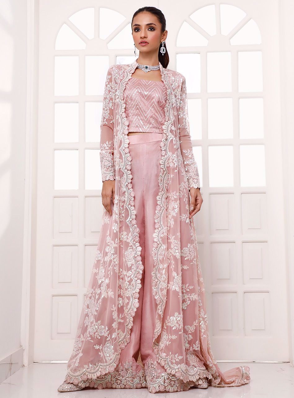 Pakistani Blush Pink Embroidered Net & Raw Silk Jacket Set (3-Piece) - Image 1