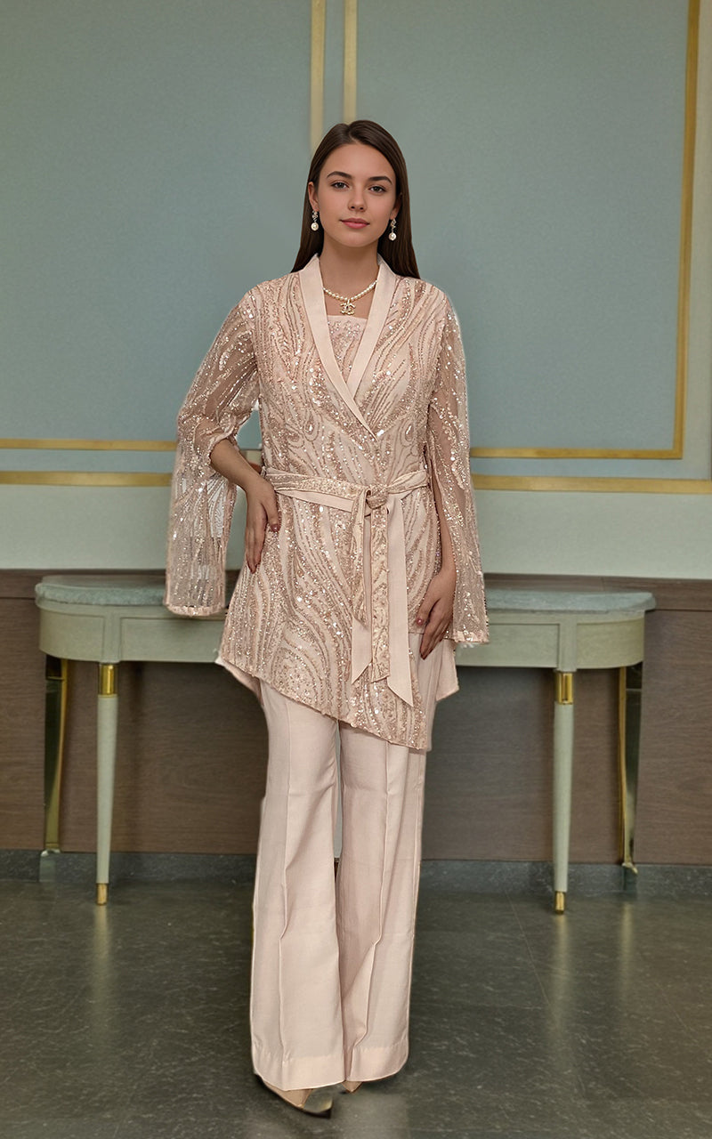Blush Embroidered Net Jacket with Trousers (2-Piece) - Image 2