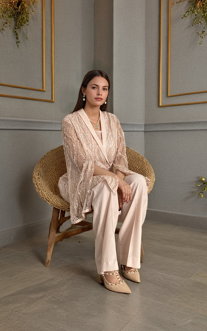 Blush Embroidered Net Jacket with Trousers (2-Piece) - Image 3