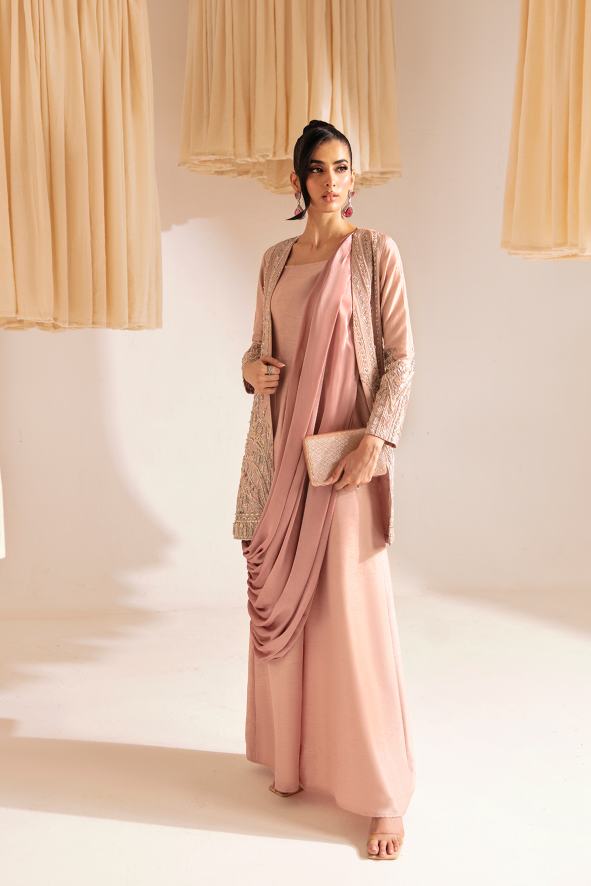 Pakistani Blush Pink Hand-Embellished Raw Silk Jacket with Jumpsuit (2-Piece) - Image 1