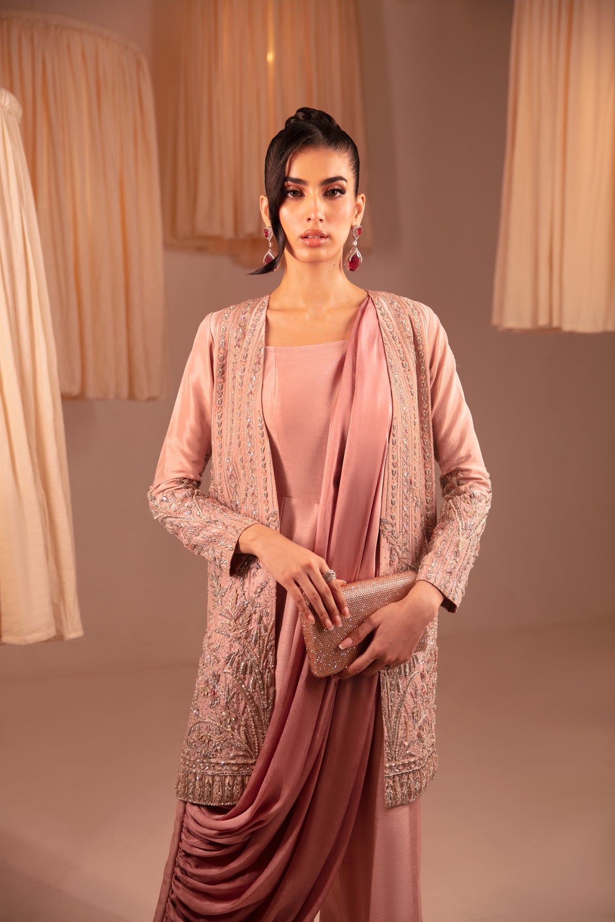 Pakistani Blush Pink Hand-Embellished Raw Silk Jacket with Jumpsuit (2-Piece) - Image 2