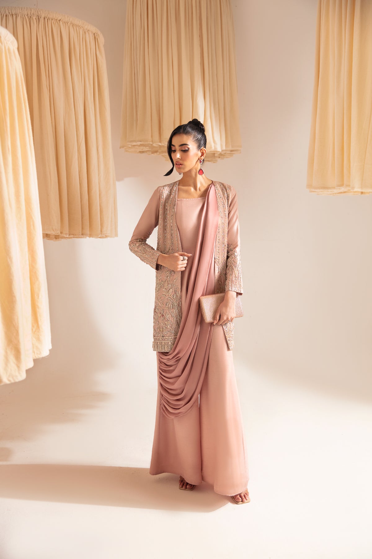 Pakistani Blush Pink Hand-Embellished Raw Silk Jacket with Jumpsuit (2-Piece) - Image 3