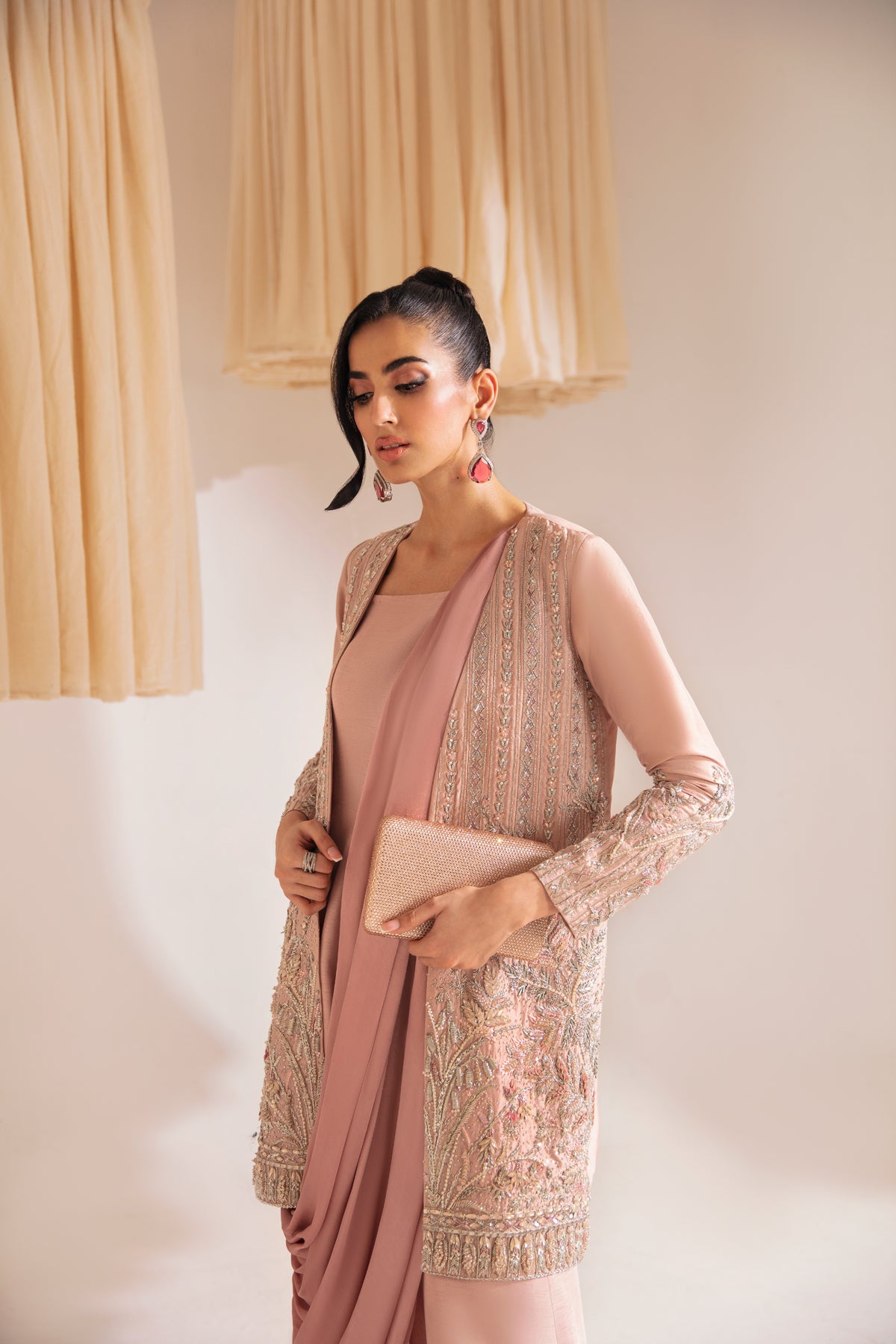 Pakistani Blush Pink Hand-Embellished Raw Silk Jacket with Jumpsuit (2-Piece) - Image 4