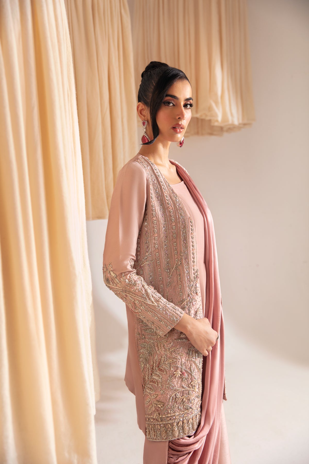 Pakistani Blush Pink Hand-Embellished Raw Silk Jacket with Jumpsuit (2-Piece) - Image 5