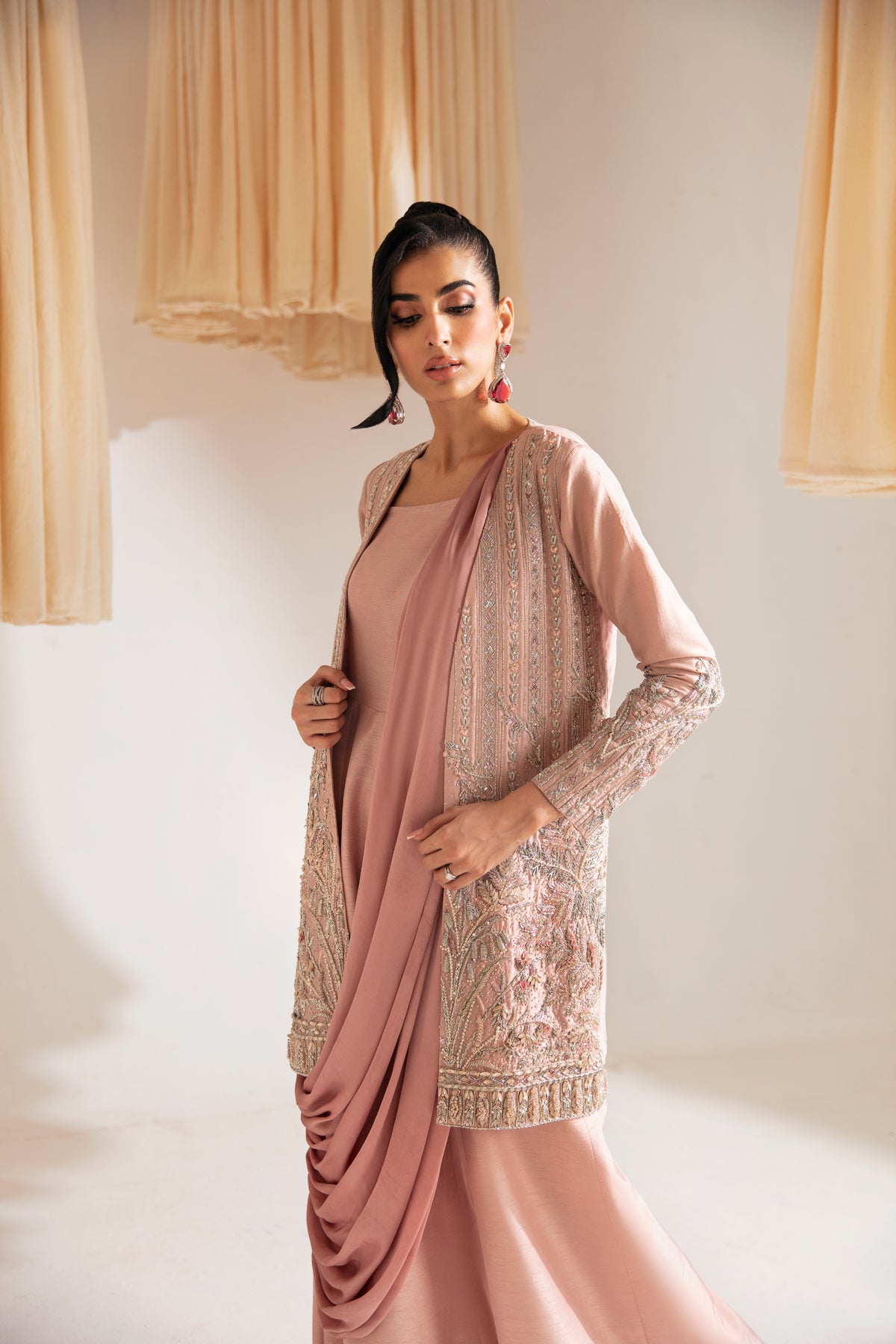 Pakistani Blush Pink Hand-Embellished Raw Silk Jacket with Jumpsuit (2-Piece) - Image 6