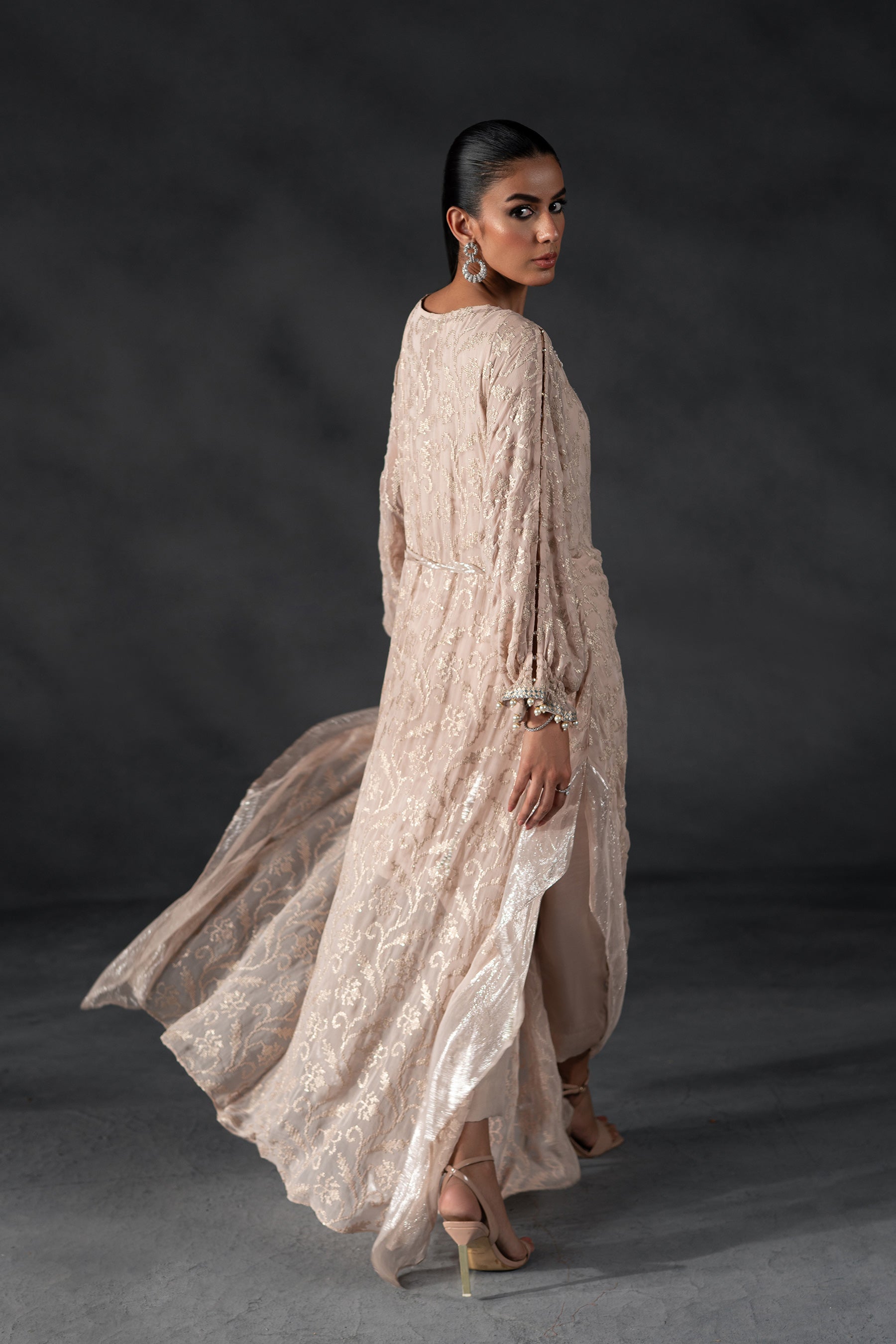 Pakistani Nude Rose Embroidered Chiffon Kaftan (3-Piece) - Image 2