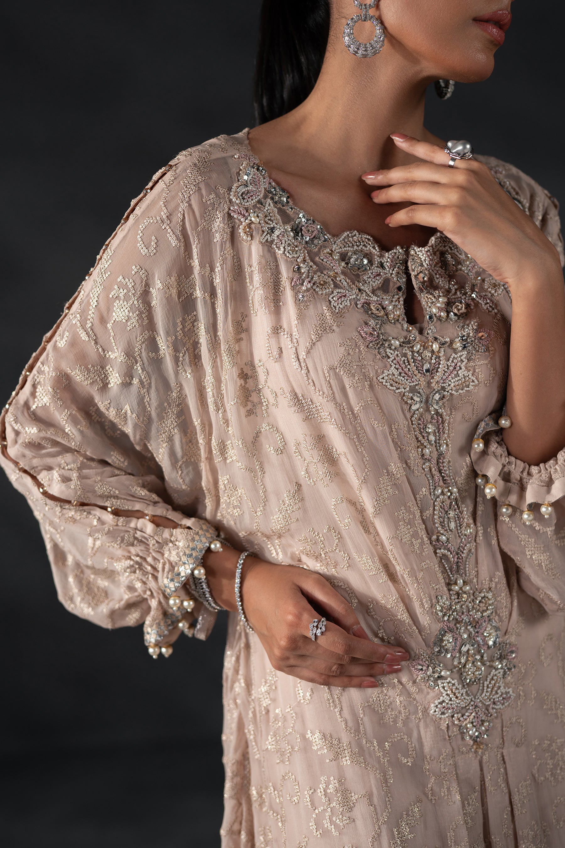 Pakistani Nude Rose Embroidered Chiffon Kaftan (3-Piece) - Image 3