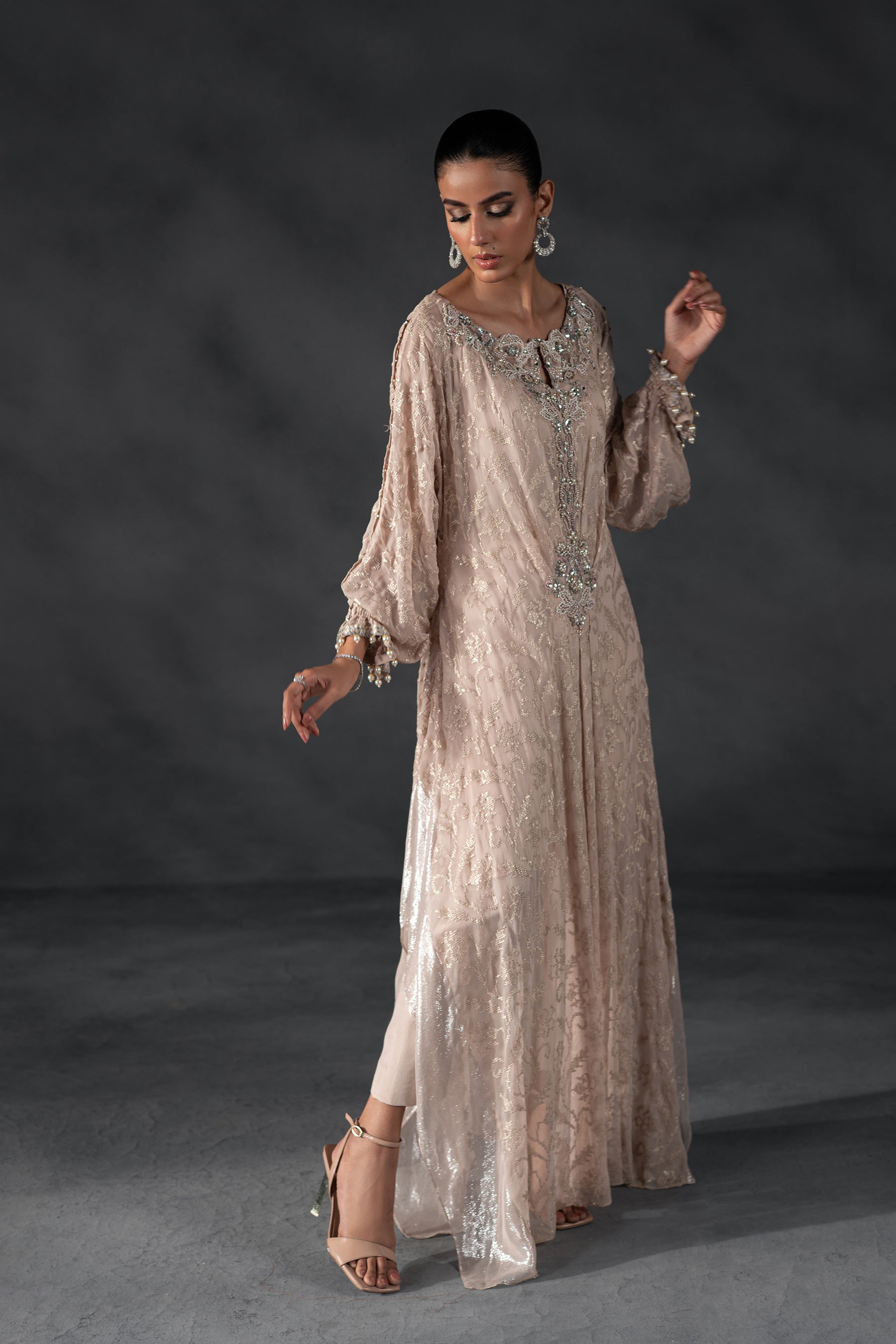 Pakistani Nude Rose Embroidered Chiffon Kaftan (3-Piece) - Image 4