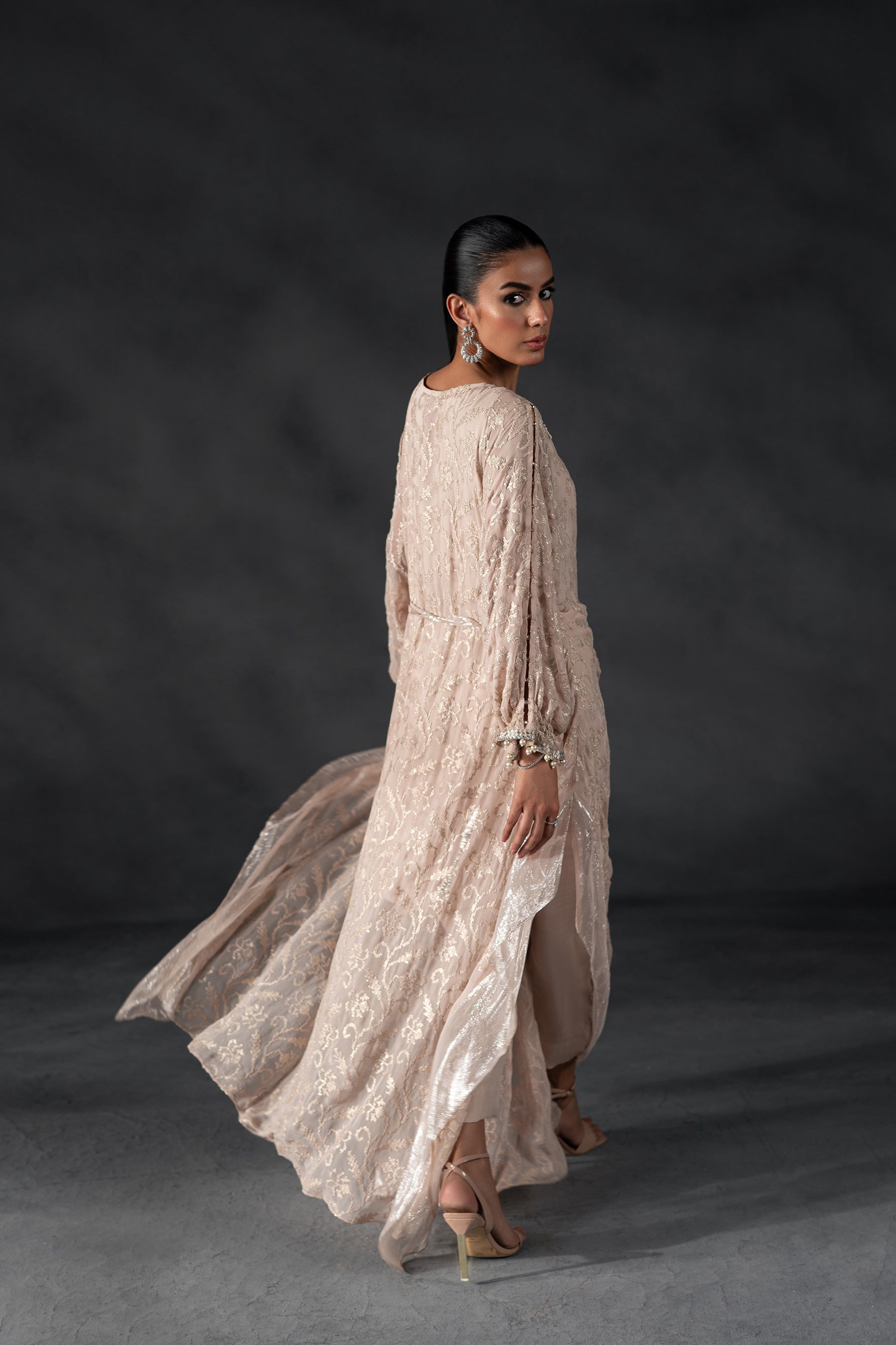 Pakistani Nude Rose Embroidered Chiffon Kaftan (3-Piece) - Image 5