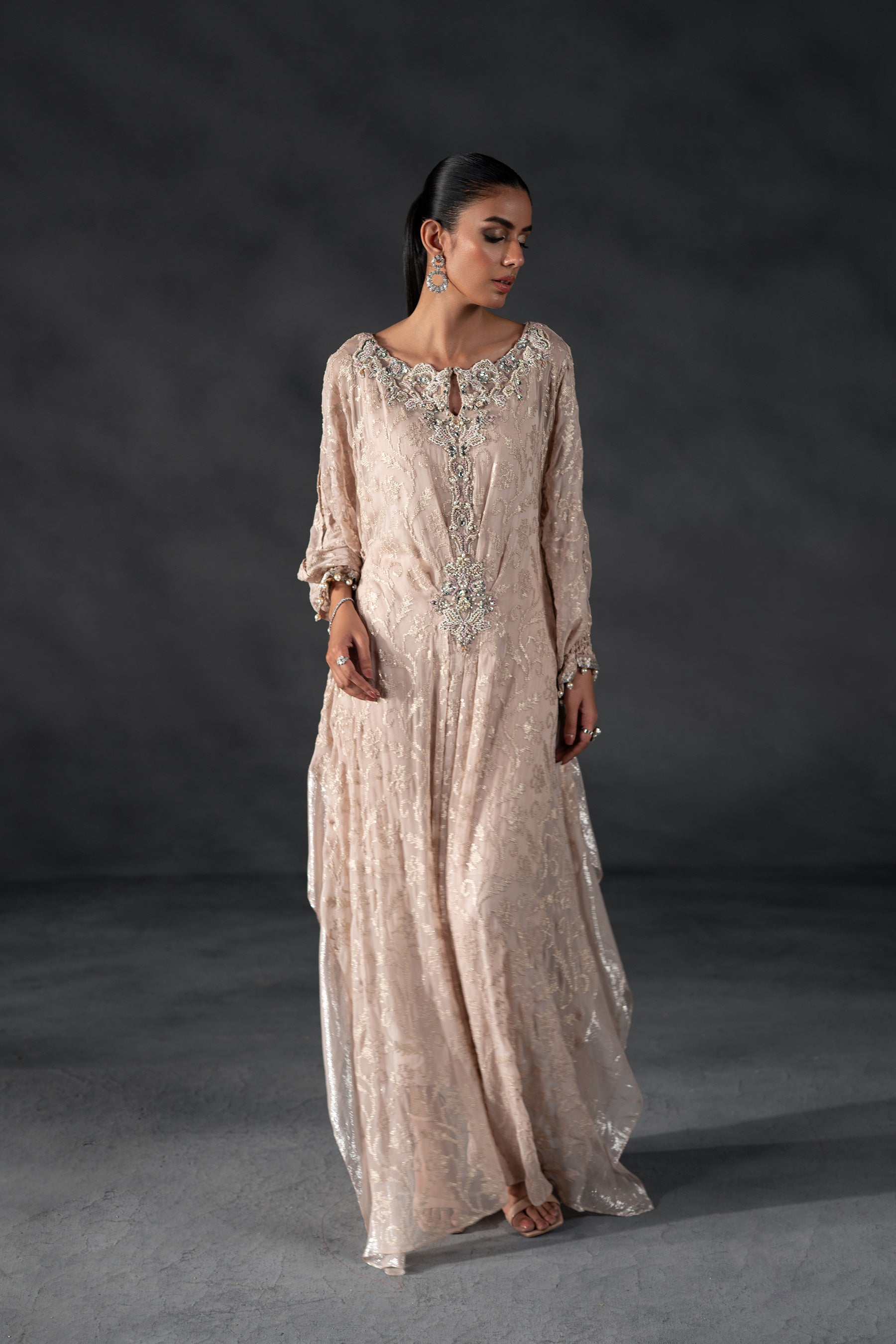 Pakistani Nude Rose Embroidered Chiffon Kaftan Set (3-Piece) - Image 1