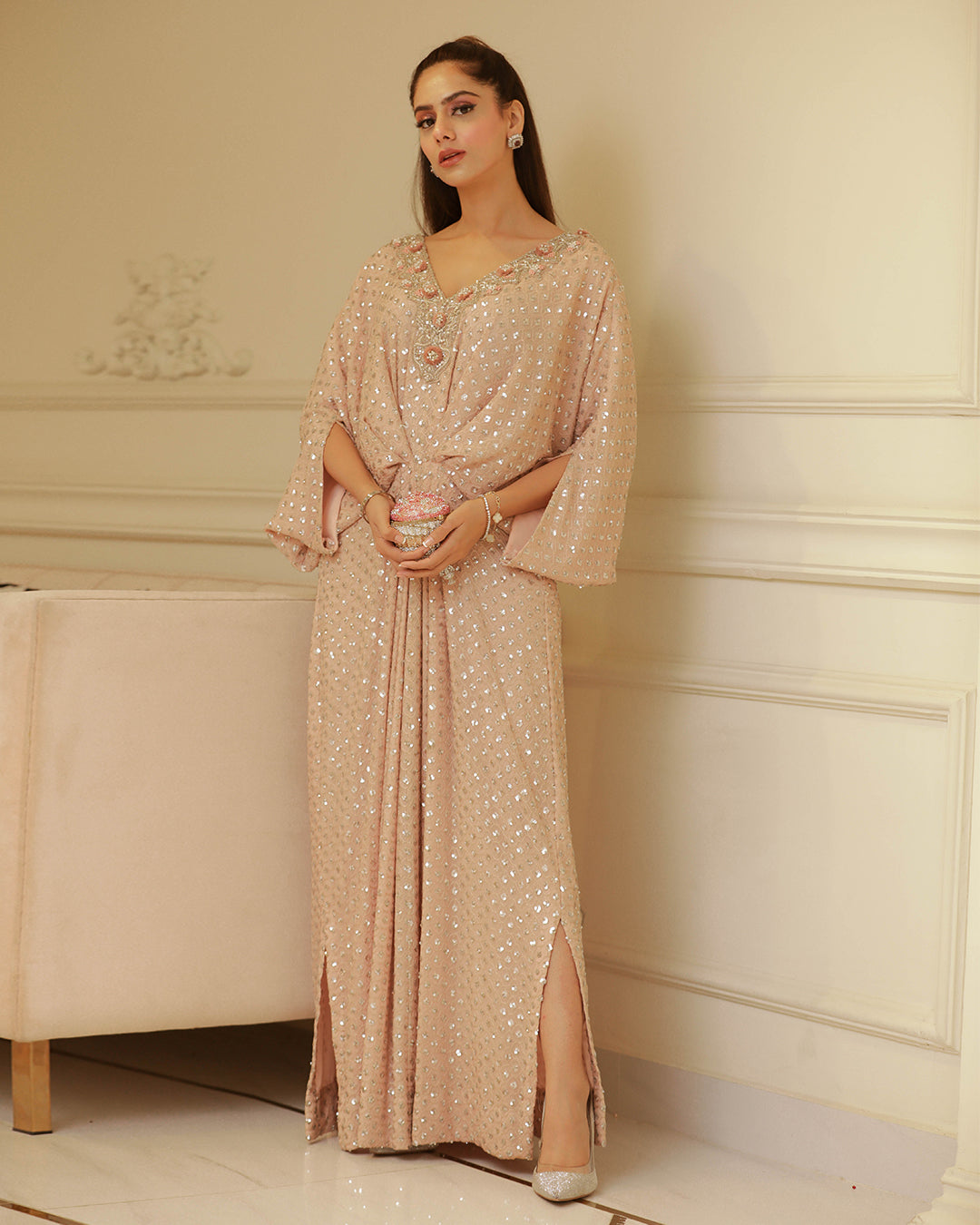 Blush Pink Sequin Chiffon Kaftan (1-Pc) - Image 1