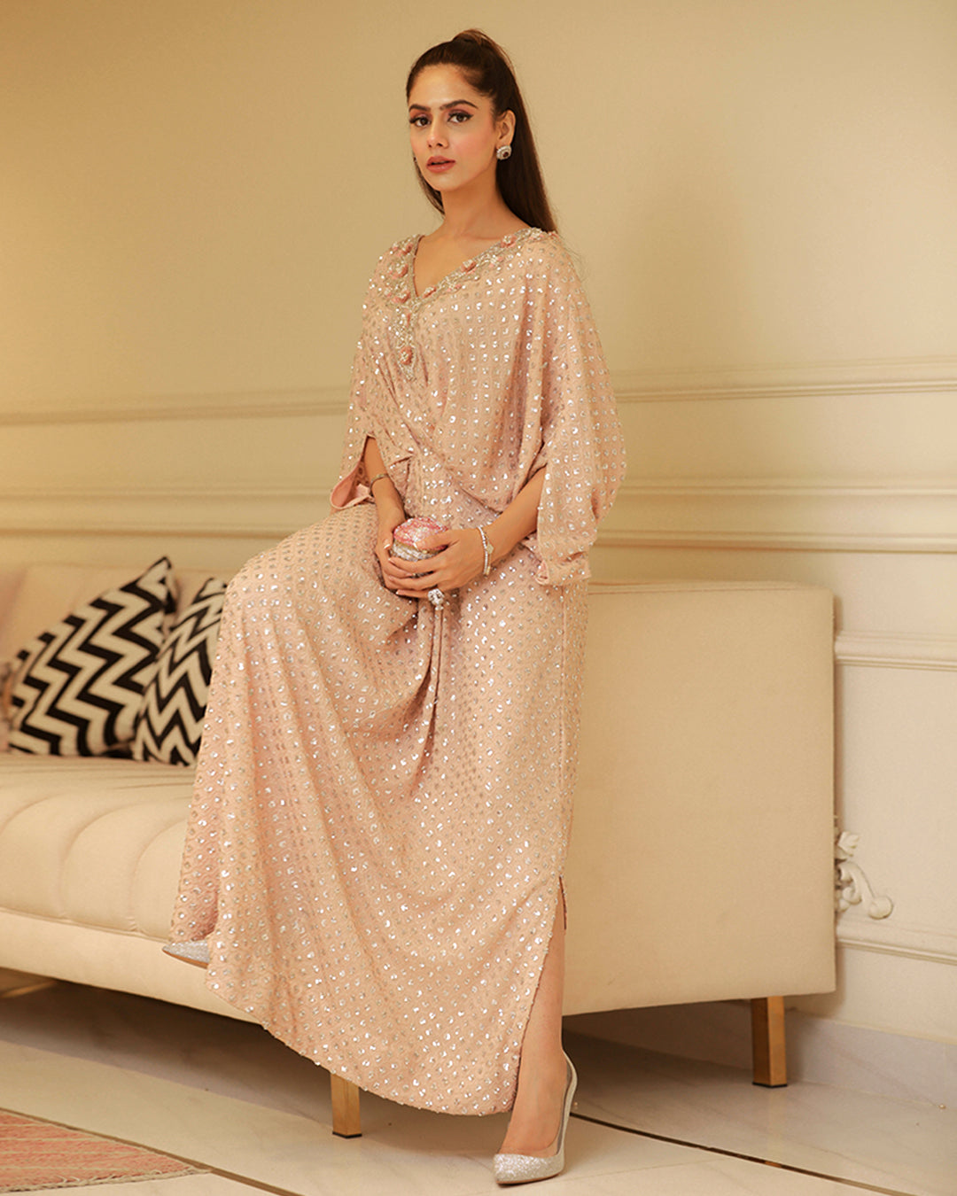 Blush Pink Sequin Chiffon Kaftan (1-Pc) - Image 3