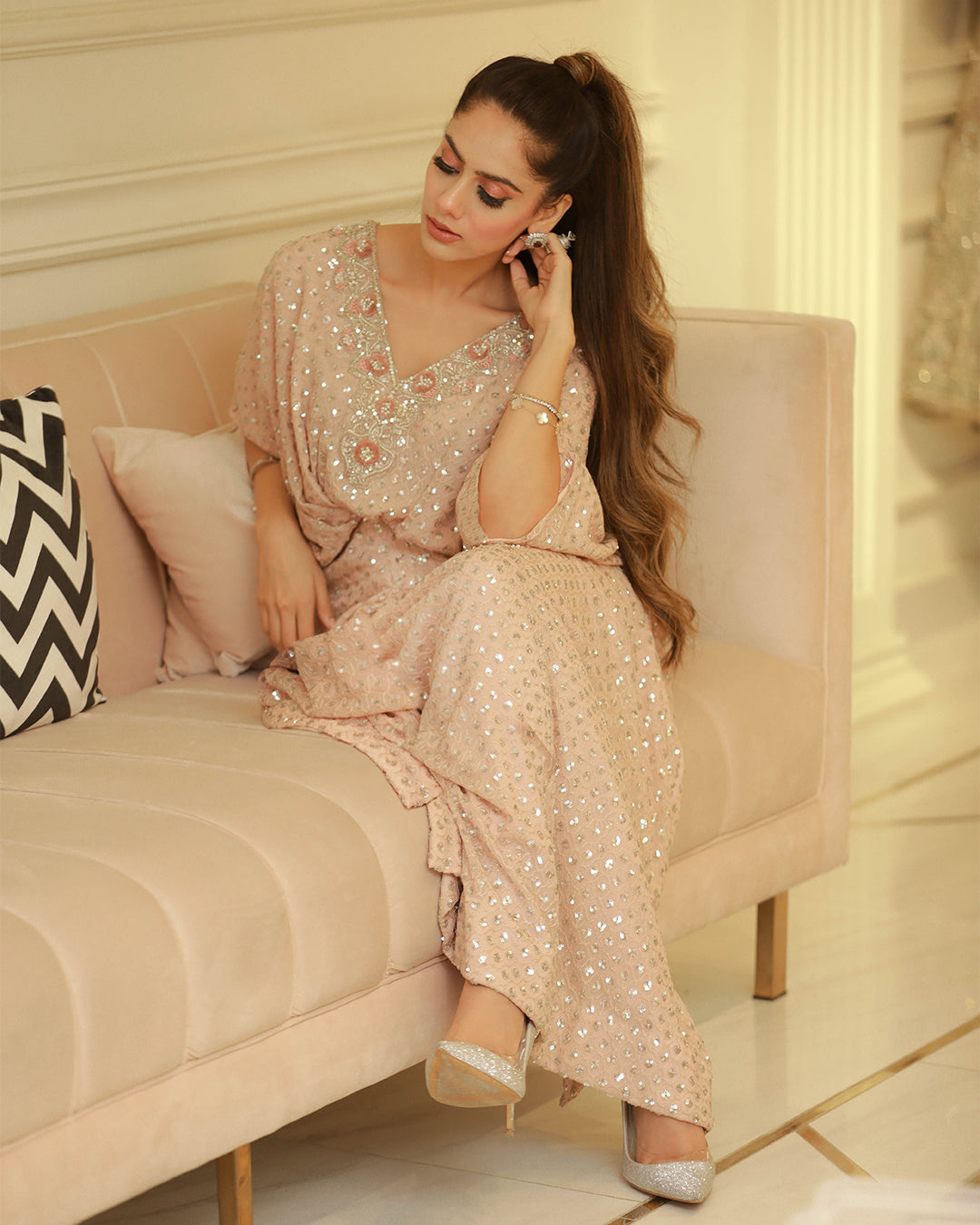 Blush Pink Sequin Chiffon Kaftan (1-Pc) - Image 4
