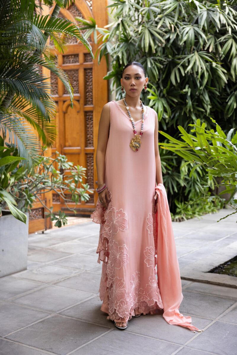 Pakistani Soft Pink Embroidered Pure Crepe Chiffon Kaftan (3-Piece) - Image 1