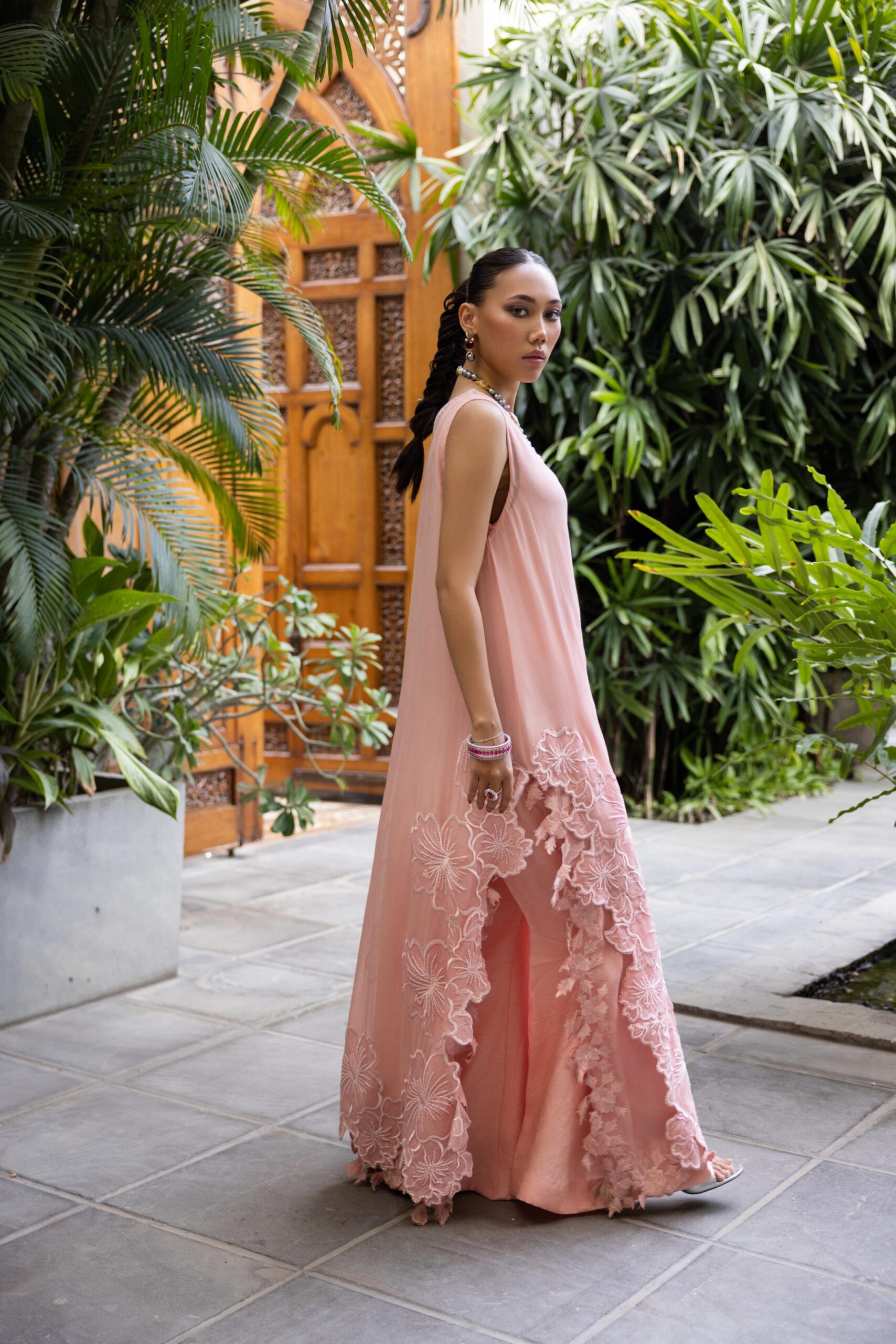 Pakistani Soft Pink Embroidered Pure Crepe Chiffon Kaftan (3-Piece) - Image 3