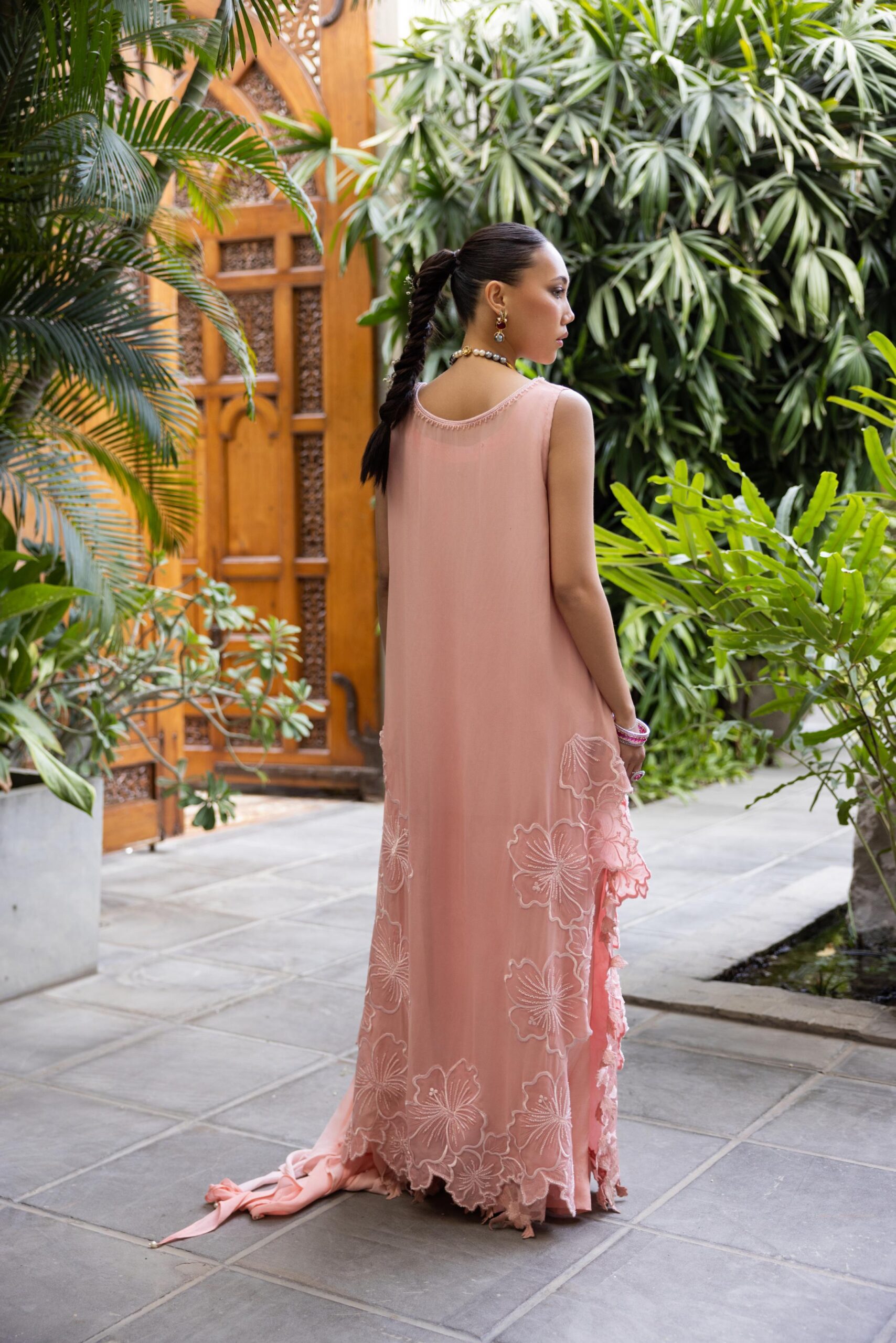 Pakistani Soft Pink Embroidered Pure Crepe Chiffon Kaftan (3-Piece) - Image 4