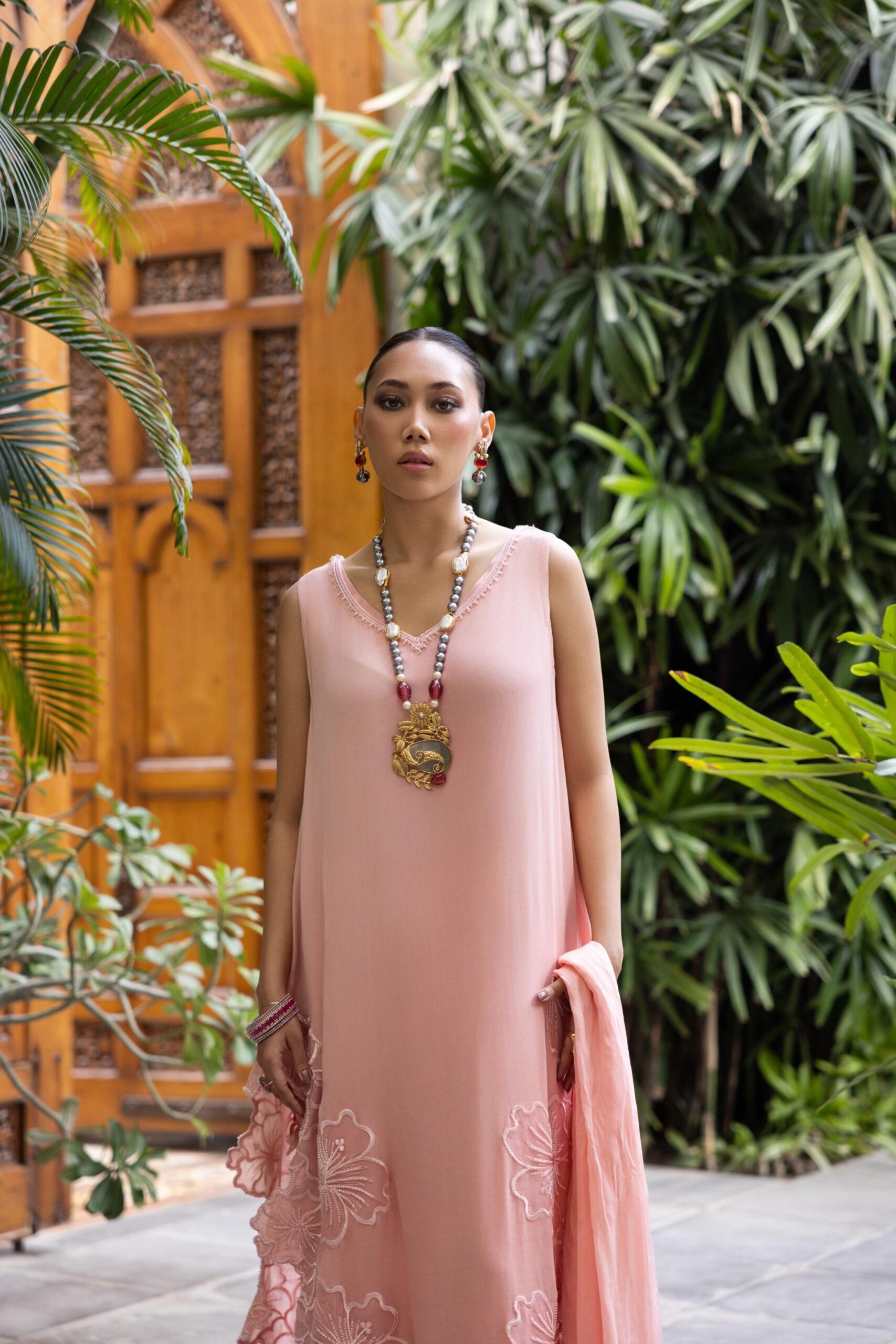 Pakistani Soft Pink Embroidered Pure Crepe Chiffon Kaftan (3-Piece) - Image 5