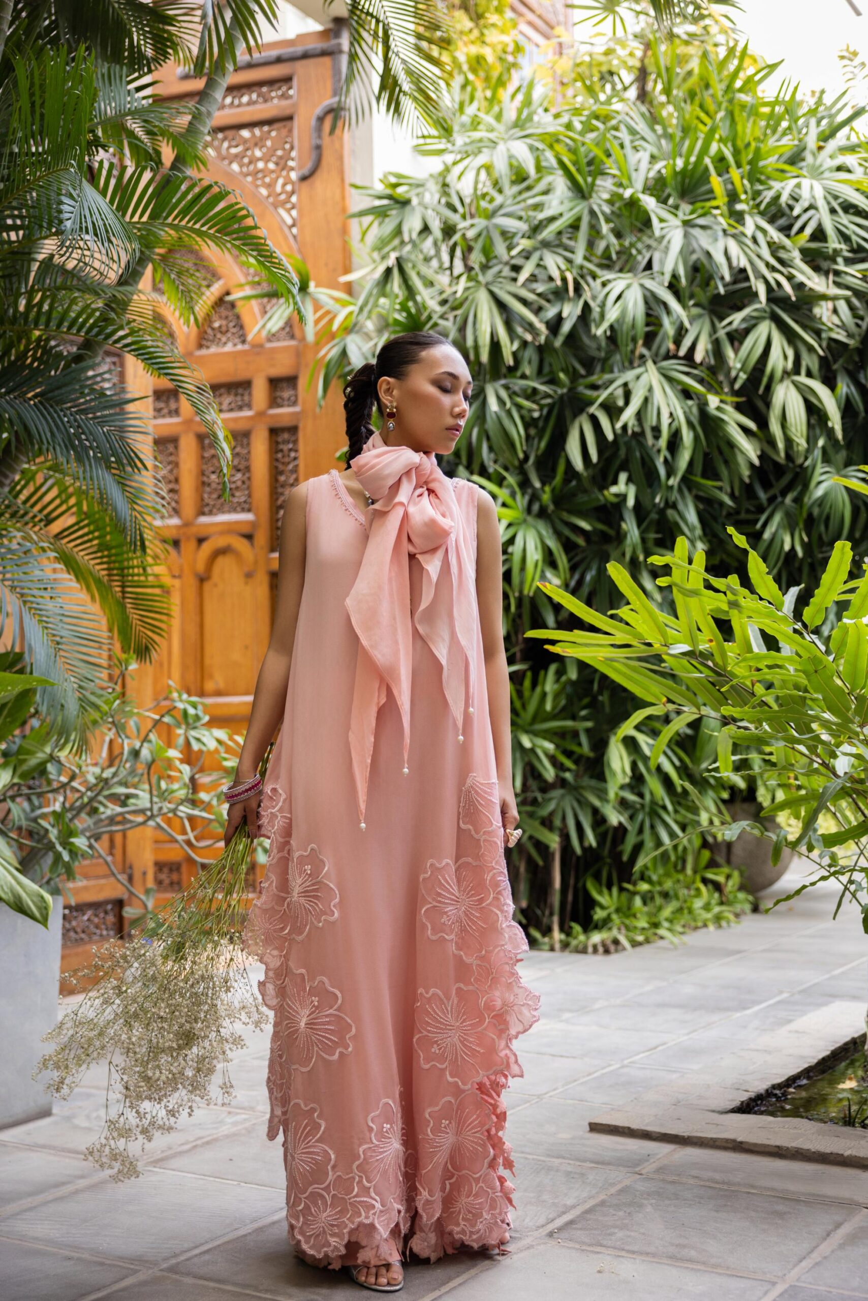 Pakistani Soft Pink Embroidered Pure Crepe Chiffon Kaftan (3-Piece) - Image 6