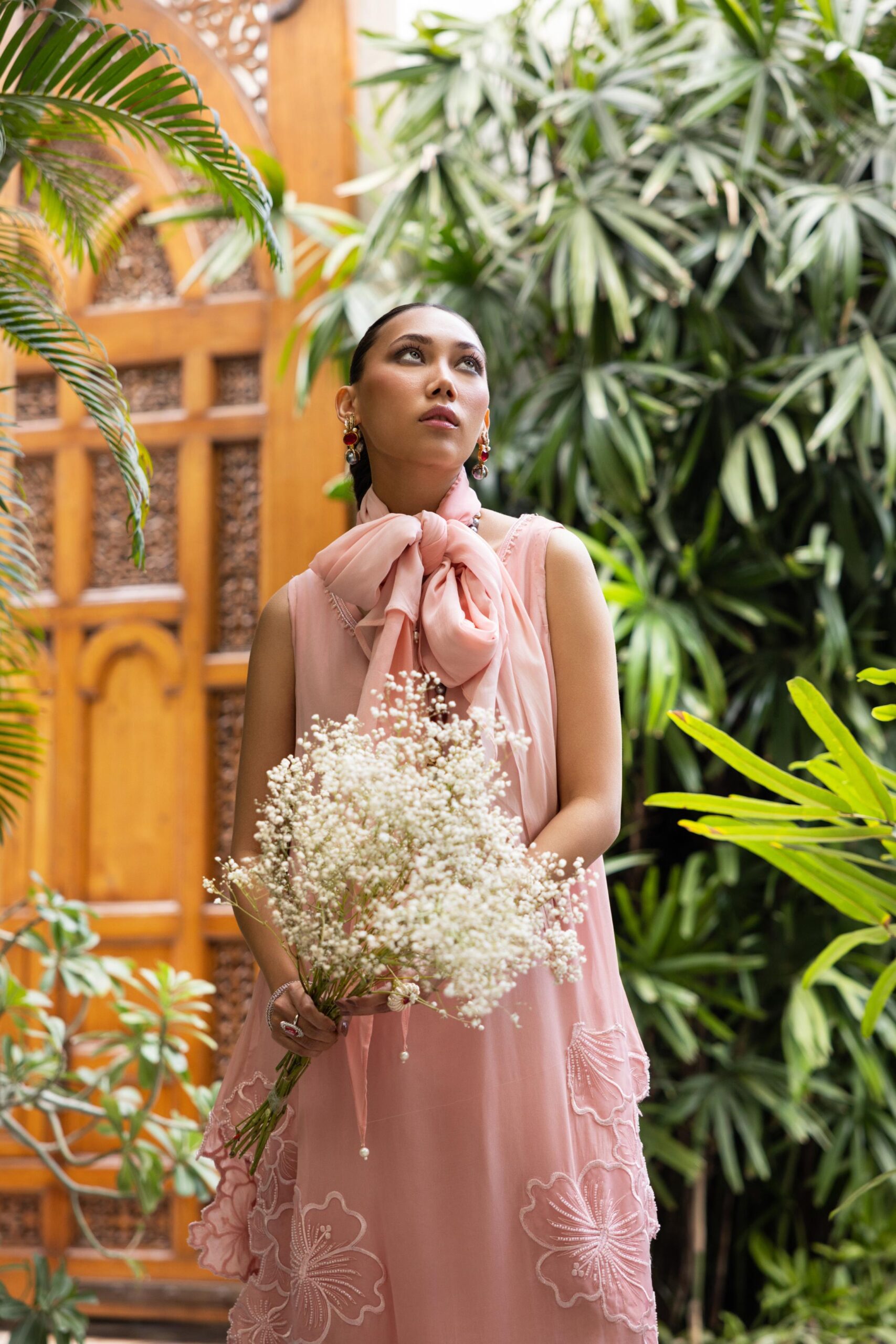 Pakistani Soft Pink Embroidered Pure Crepe Chiffon Kaftan (3-Piece) - Image 9