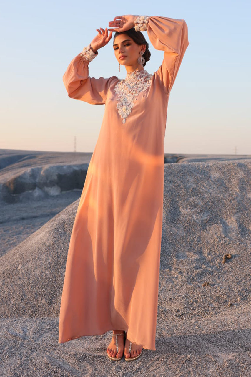Blush Pink Embroidered Crepe Silk Kaftan (2-Piece) - Image 1