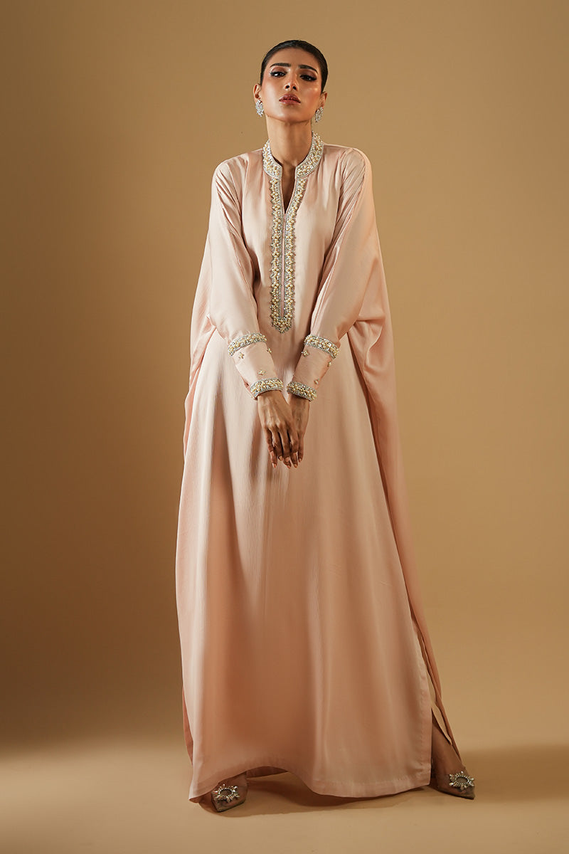 Soft Pink Embroidered Crush Silk Abaya (2-Piece) - Image 1