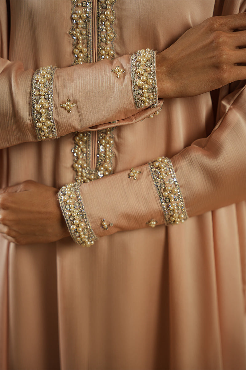 Soft Pink Embroidered Crush Silk Abaya (2-Piece) - Image 2