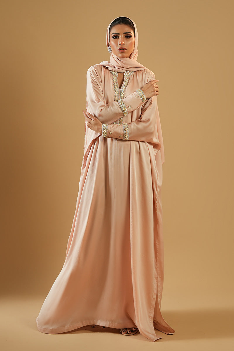 Soft Pink Embroidered Crush Silk Abaya (2-Piece) - Image 4