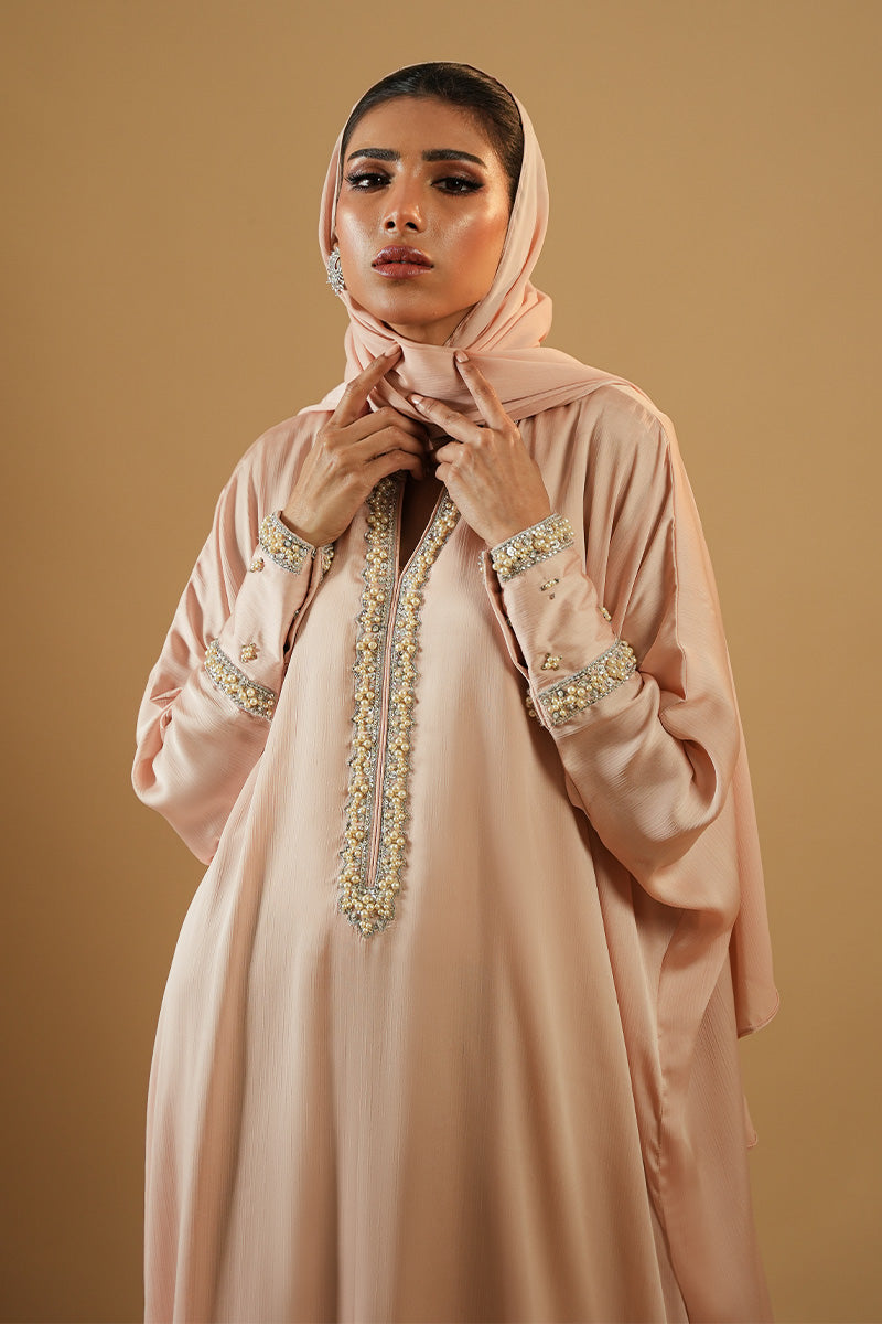Soft Pink Embroidered Crush Silk Abaya (2-Piece) - Image 5