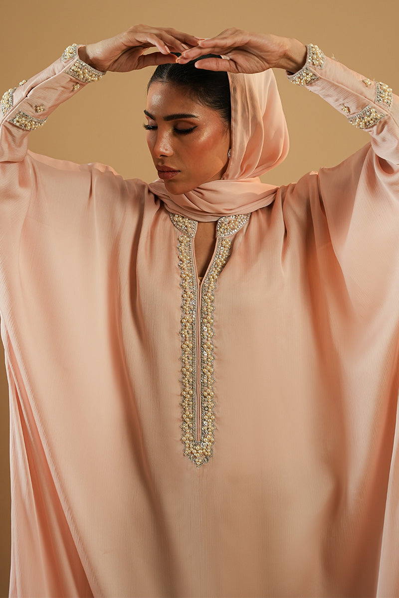 Soft Pink Embroidered Crush Silk Abaya (2-Piece) - Image 6
