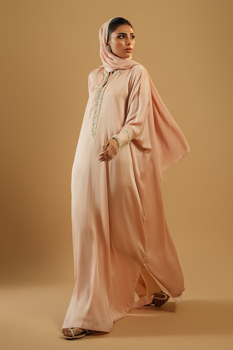 Soft Pink Embroidered Crush Silk Abaya (2-Piece) - Image 7
