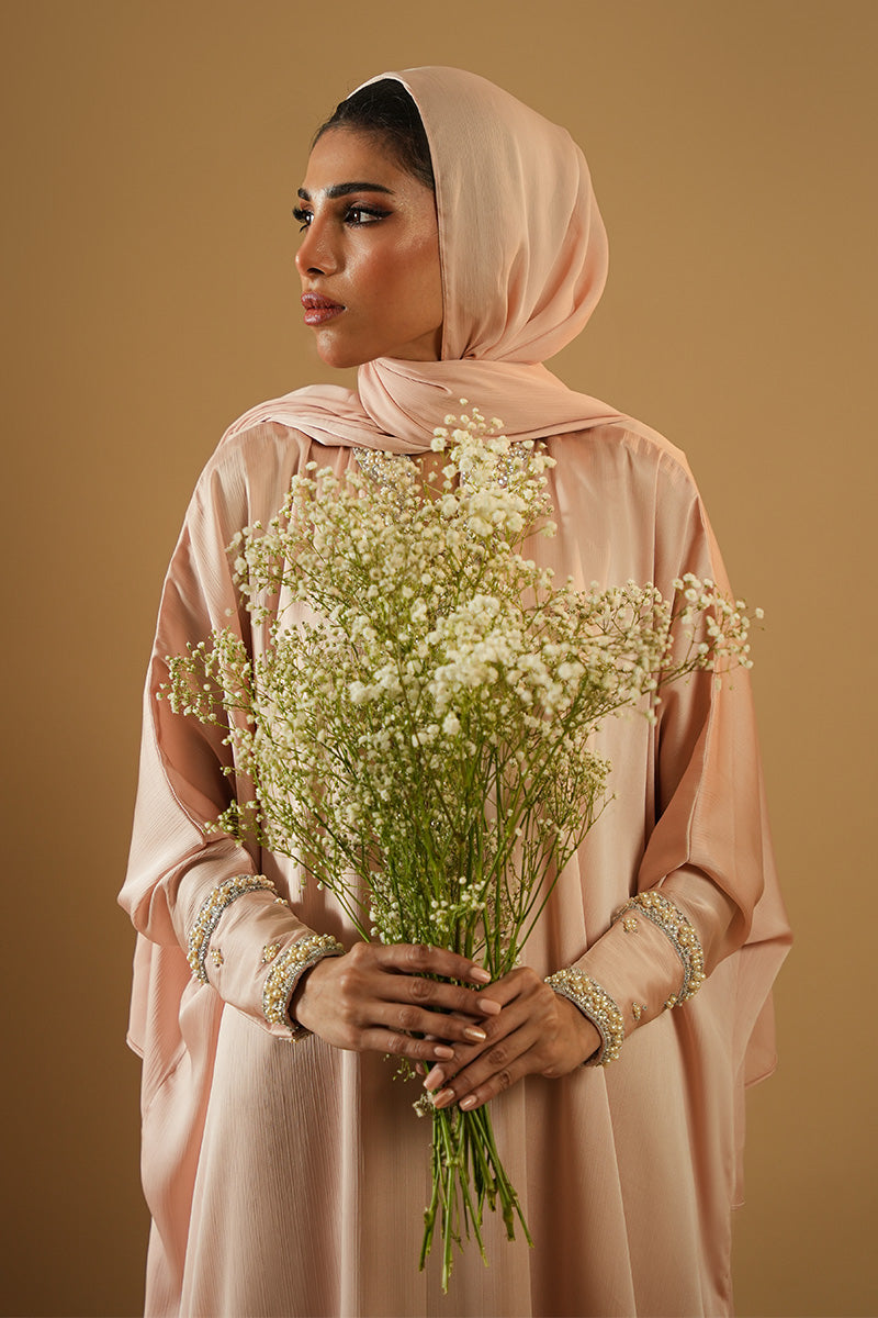 Soft Pink Embroidered Crush Silk Abaya (2-Piece) - Image 8