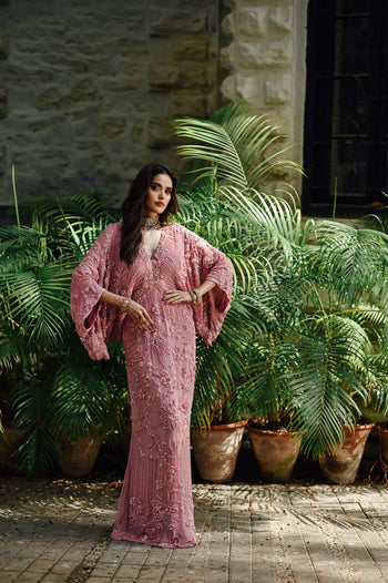 Pakistani Blush Rose Embellished Georgette Kaftan Gown (1-Pc) - Image 1