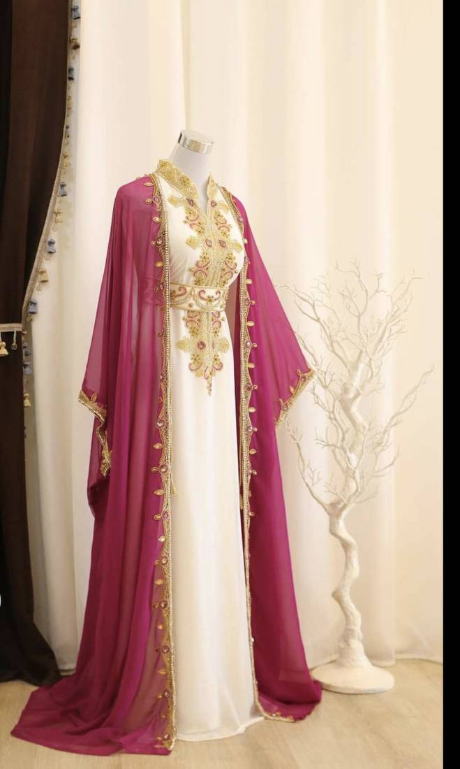 Pakistani Rani Pink Zari Embroidered Georgette Kaftan (2-Piece) - Image 1