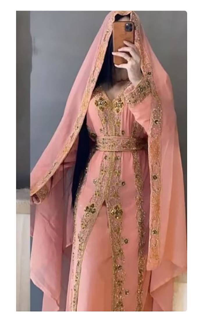 Pakistani Peach Zari Embroidered Georgette Kaftan (1-Pc) - Image 1